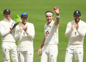 MANCHESTER, ENGLAND - JULY 28: Stuart Broad of England celebrates after taking the wicket of Kraigg Brathwaite of West Indies for his 500th Test Wicket during Day Five of the Ruth Strauss Foundation Test, the Third Test in the #RaiseTheBat Series match between England and the West Indies at Emirates Old Trafford on July 28, 2020 in Manchester, England. (Photo by Gareth Copley/Getty Images for ECB)