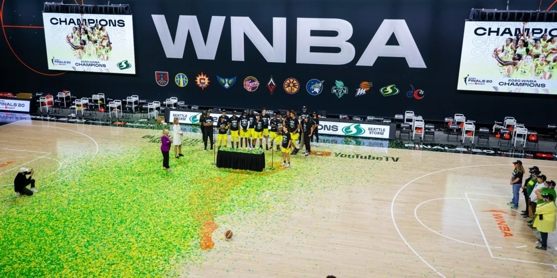 Oct 6, 2020; Bradenton, Florida, USA; The Seattle Storm are presented with the championship trophy after winning the 2020 WNBA Finals at IMG Academy. Mandatory Credit: Mary Holt-USA TODAY Sports